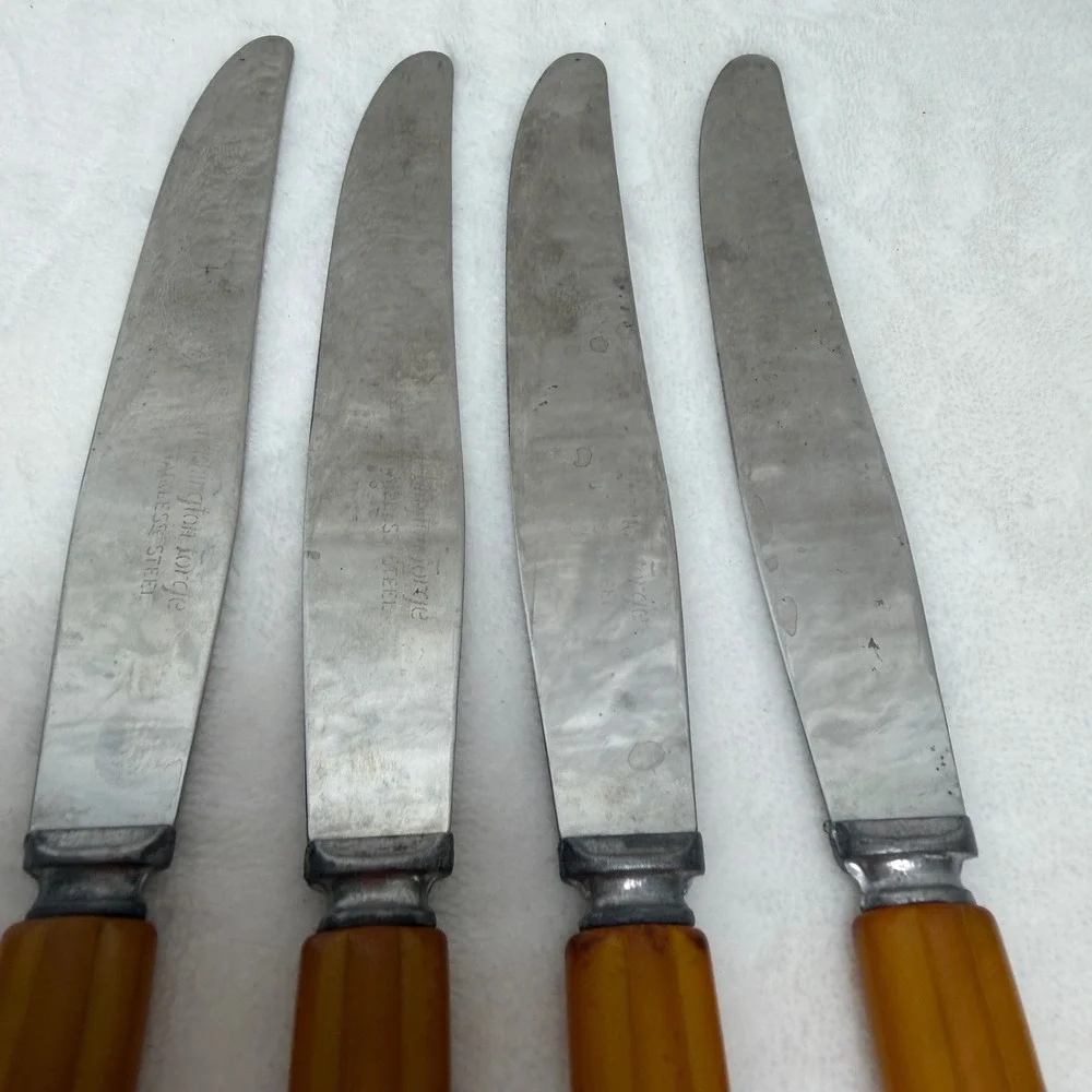 VTG Butterscotch Bakelite Handle Dinner Knives Stainless Steel Set of 4‎ MCM